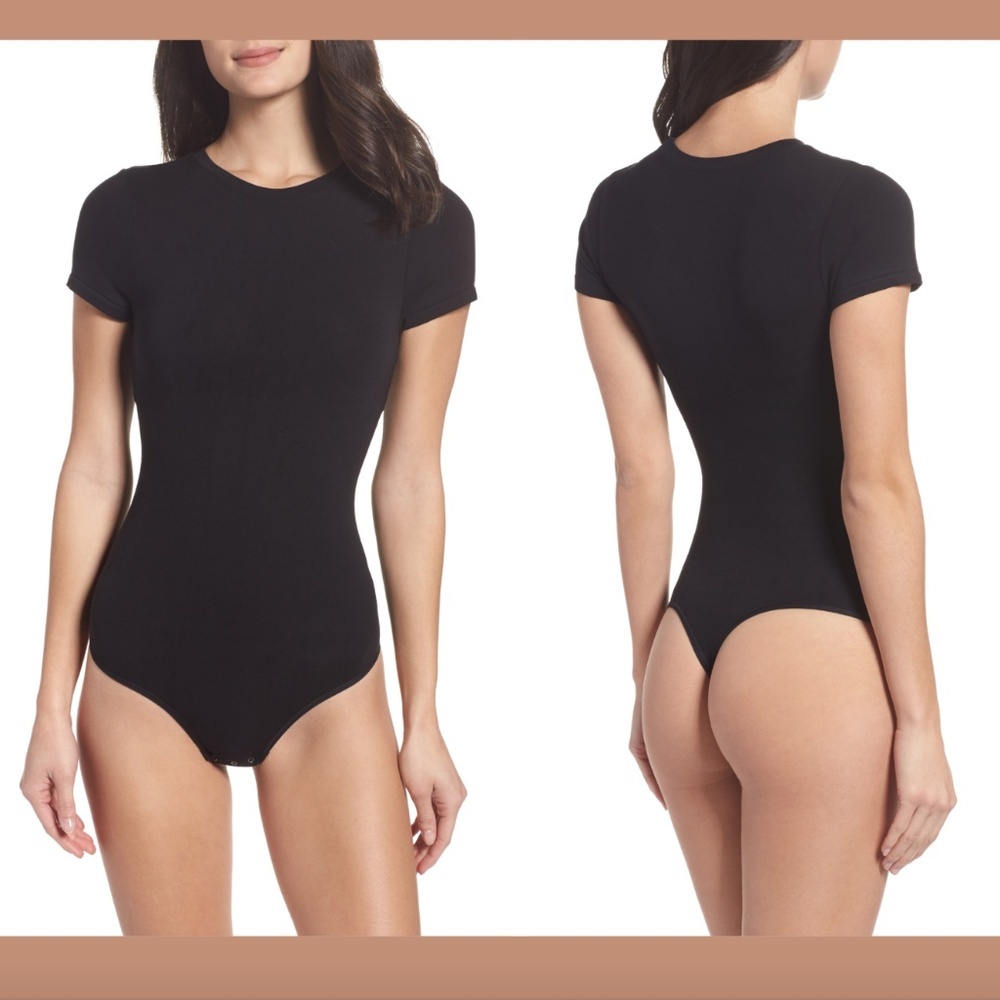 NWT $68 Yummie Crewneck Short Sleeve Thong Bodysuit in Black [ SZ M/L‎ ] #3325
